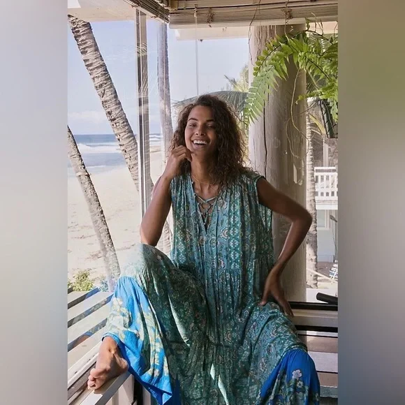 FREE PEOPLE HANALEI BAY LACE UP TIERED OVERSIZED TIERED FLORAL MAXI DRESS XS - Picture 5 of 16